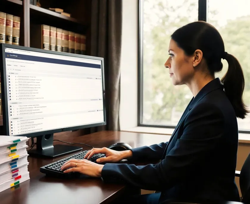 Une avocate à son bureau, la liste des pièces de CourtMerge à l'écran, à côté d'une pile de documents à onglets de couleur.